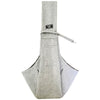 A gray adjustable crossbody dog sling carrier with a black patterned trim.