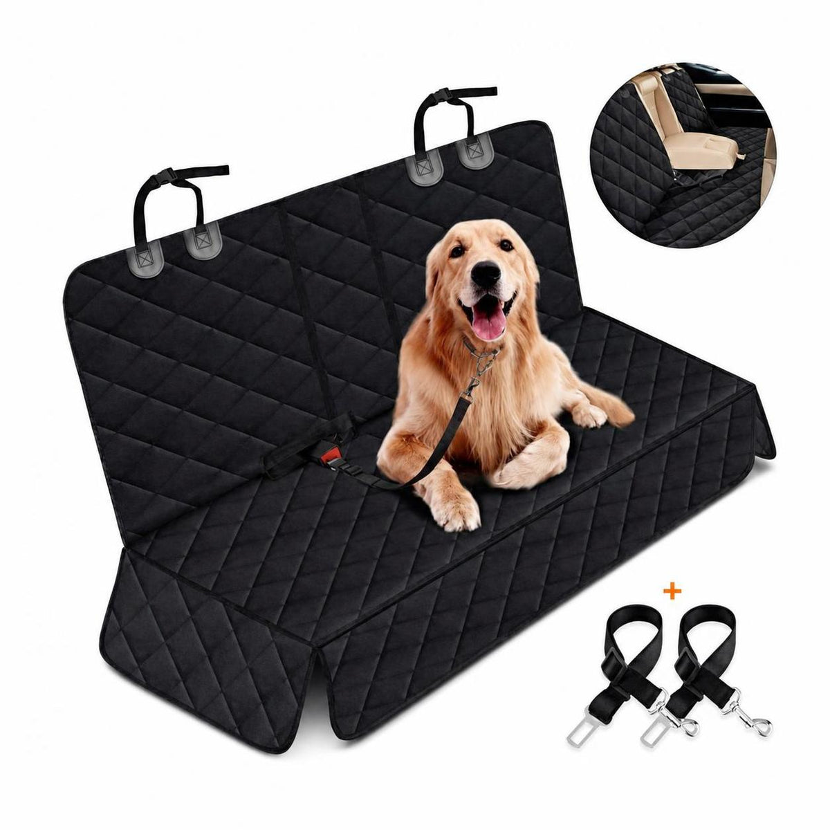 Black quilted waterproof dog car seat cover for back seat with armrest access