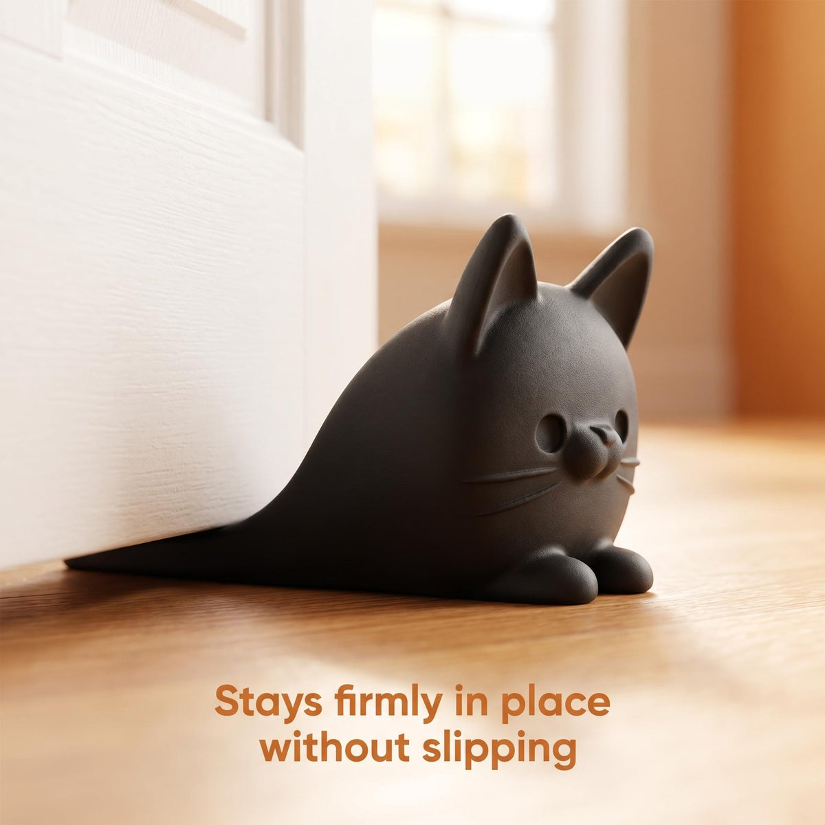 A black anti-slam door stopper wedge shaped like a cat sits on a wooden surface.