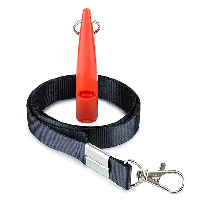 An orange ultrasonic dog whistle attached to a black lanyard with a silver clip.