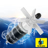 A white submersible water pump is shown ejecting water, used for EB series aquariums and ponds.
