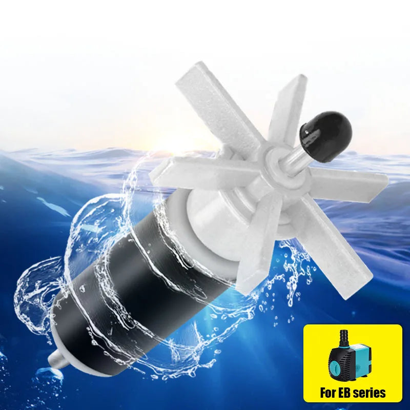 A white submersible water pump is shown ejecting water, used for EB series aquariums and ponds.