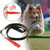 A fluffy dog is shown with an ultrasonic whistle and lanyard, demonstrating a silent training tool.