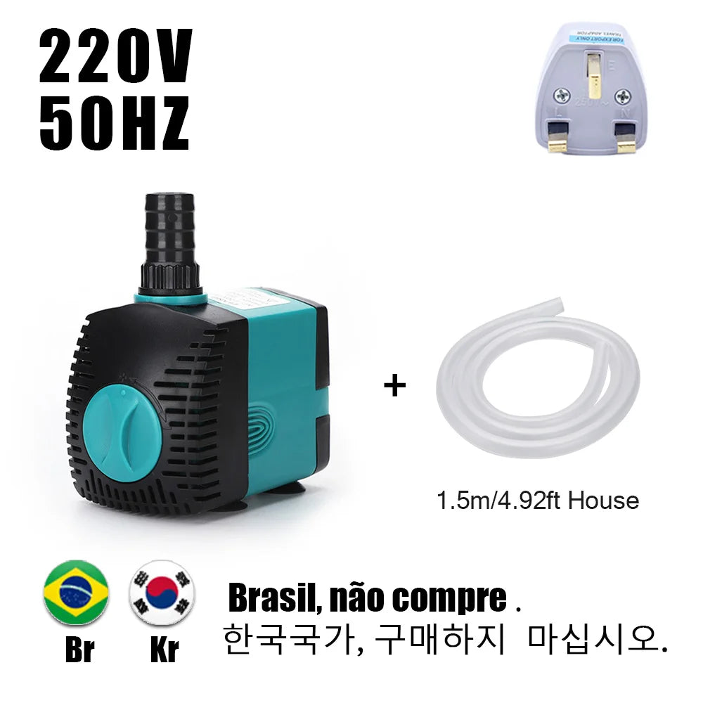 A teal submersible water pump with a power cord and a white hose is shown next to its plug and specifications.