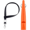 Orange ultrasonic dog whistle with a black lanyard and metal clip.