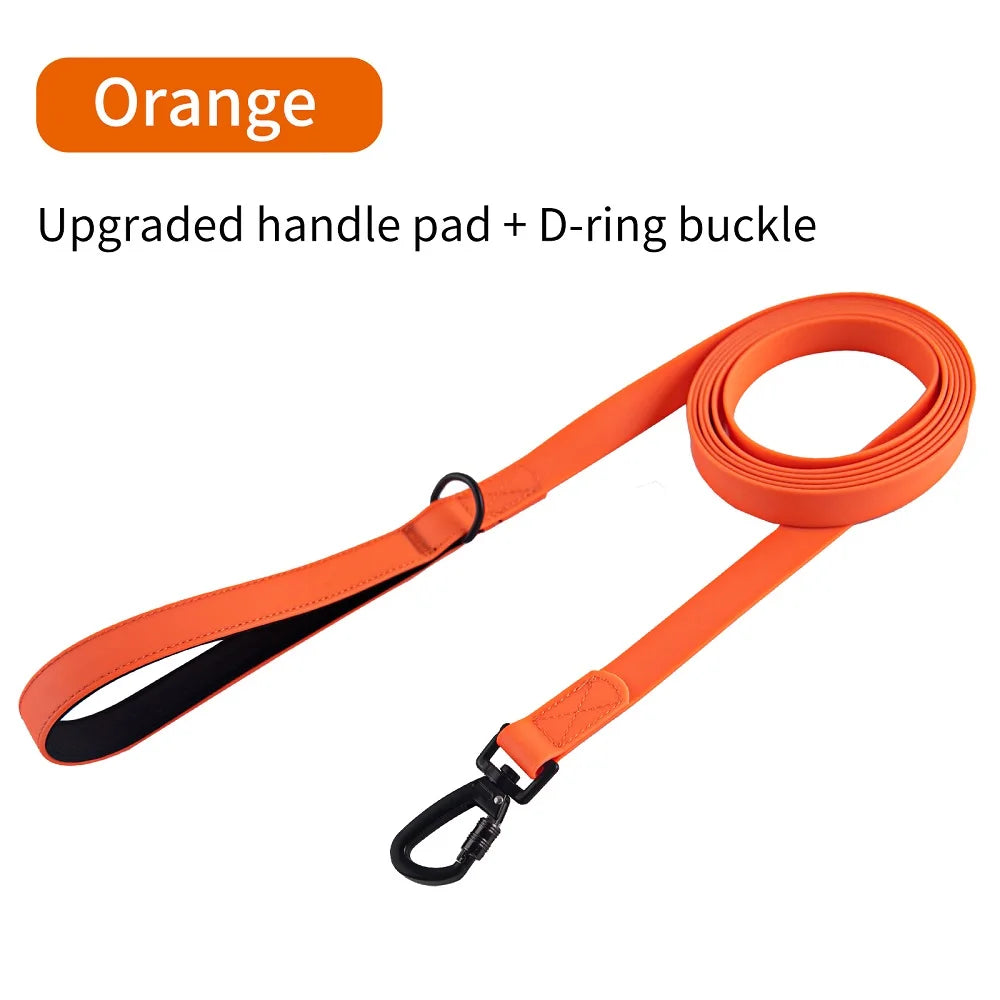 Orange waterproof PVC dog training leash featuring an upgraded handle pad and D-ring buckle