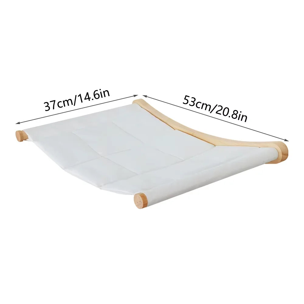 White wall mounted cat hammock and climbing shelf set with wooden supports