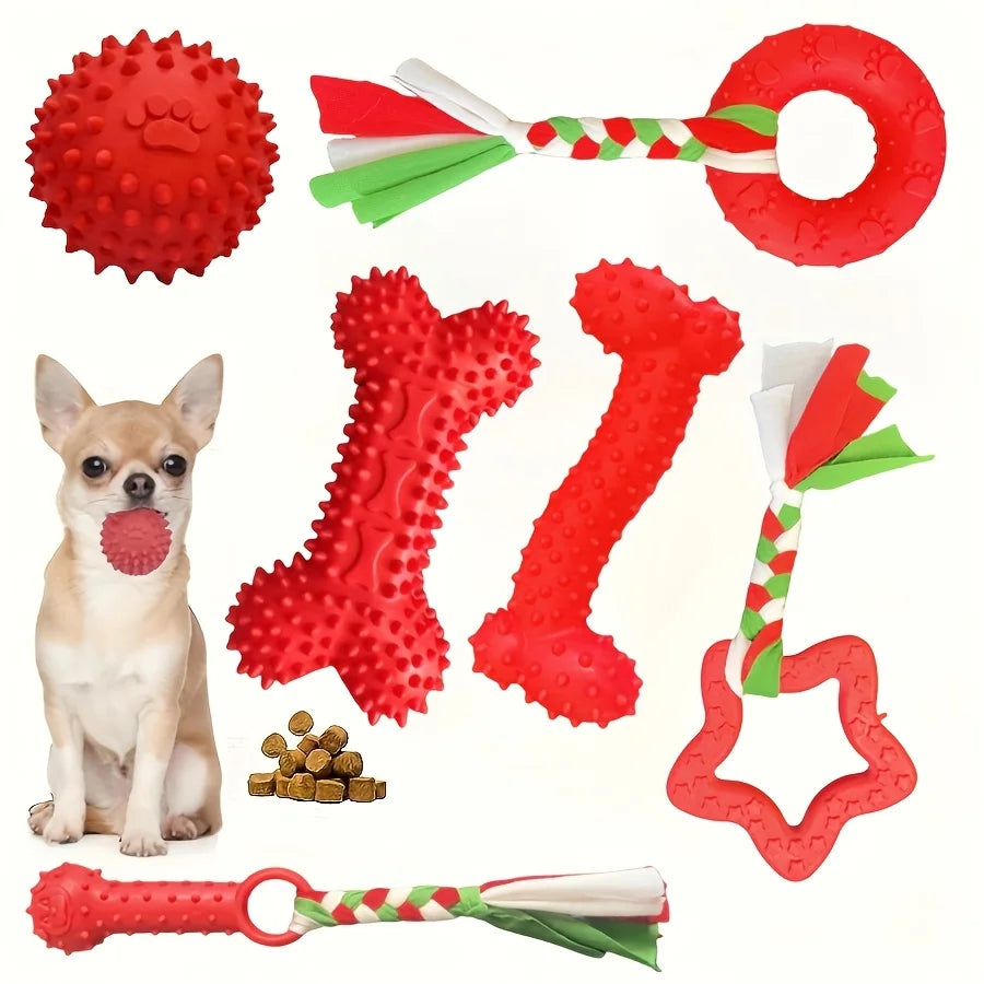 A set of durable red and green chew toys for puppies, including a ball, a bone, and a ring.