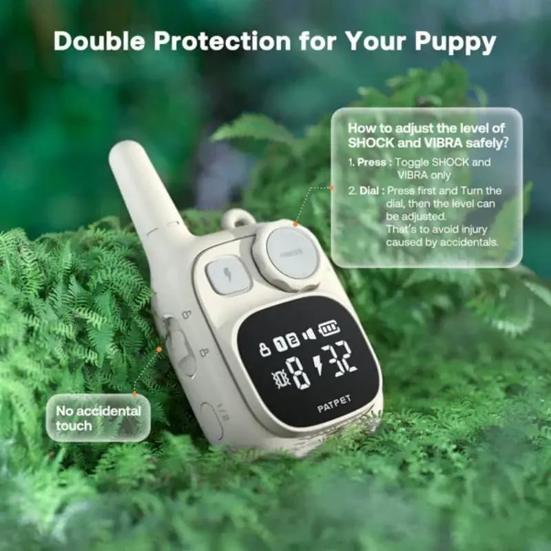A compact waterproof dog training collar is shown resting on green moss with instructions for adjusting shock and vibra level