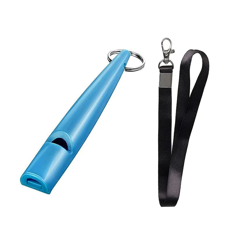 A bright blue ultrasonic dog whistle with a metal clip and black lanyard attached.