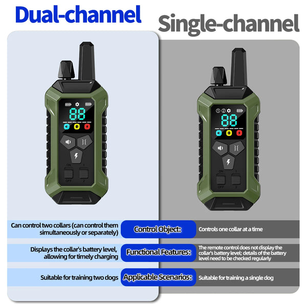 Dual-channel and single-channel remote control dog training collars shown in green and black.