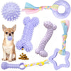 A purple and yellow durable chew toy set for puppies featuring a bone, a squeaky ball, and a braided rope toy.