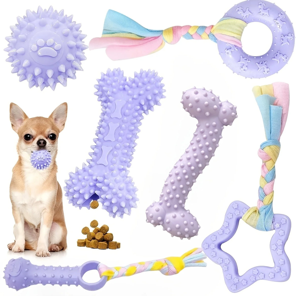A purple and yellow durable chew toy set for puppies featuring a bone, a squeaky ball, and a braided rope toy.