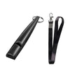 Black ultrasonic dog whistle with a metal clip and black lanyard attached.