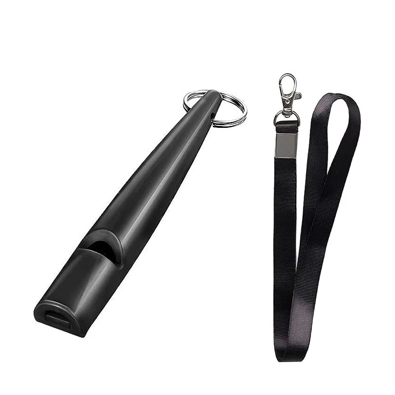 Black ultrasonic dog whistle with a metal clip and black lanyard attached.
