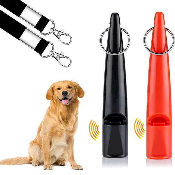 An orange ultrasonic dog whistle with a black lanyard next to a golden retriever.
