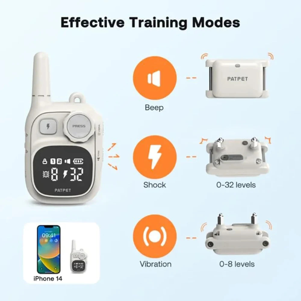 Diagram showing effective training modes for a Petpet collar including Beep, Shock, and Vibration functions.