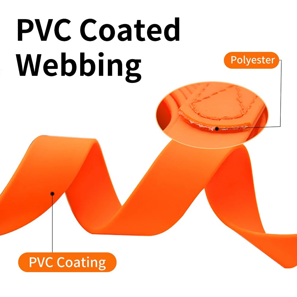 Orange PVC coated webbing material showing a close-up of the coating and a section of the webbing.