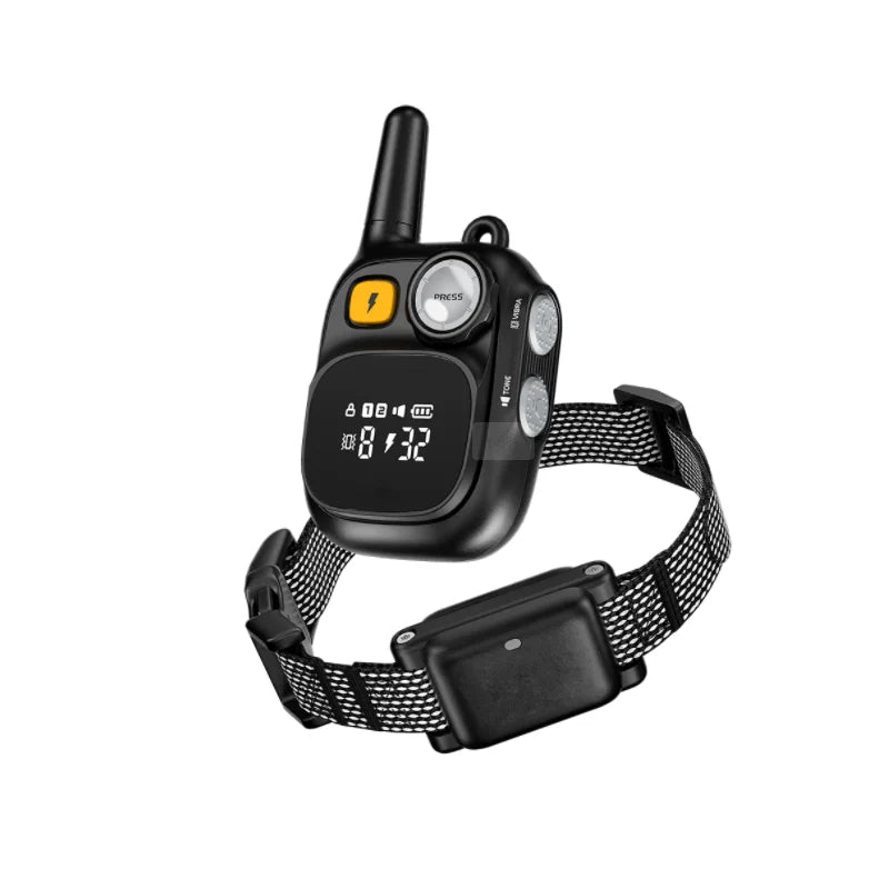 A black compact waterproof dog training collar with a remote control attached to a black strap.