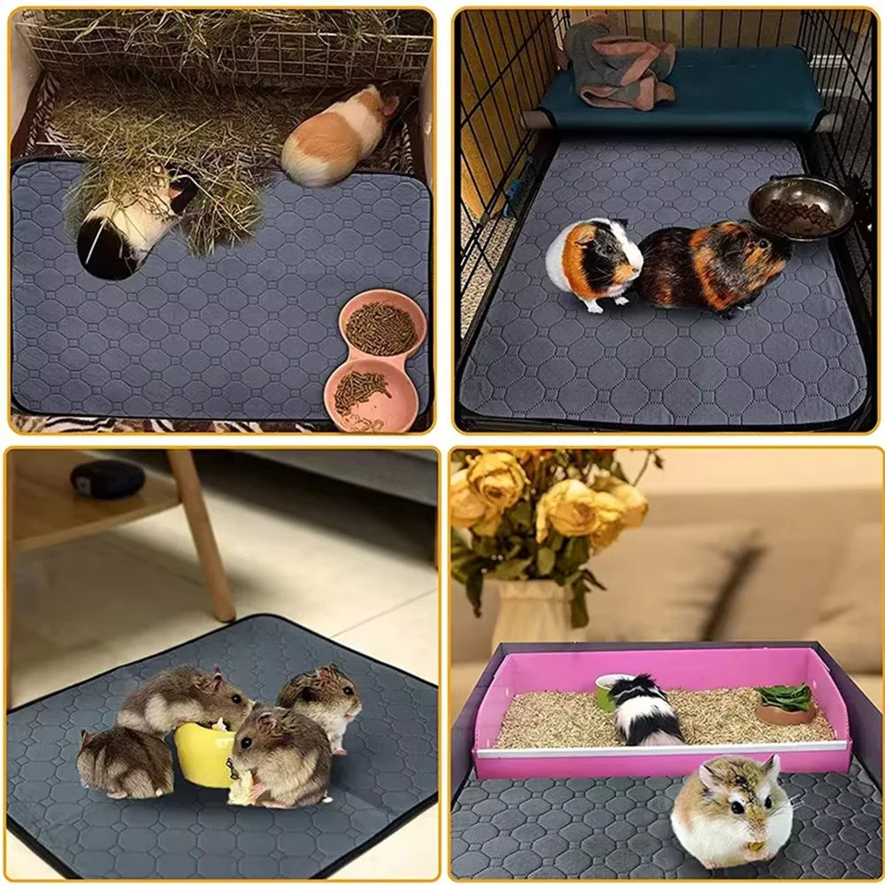 A collection of reusable non-slip fleece cage liners for small pets, showing various colors and textures.