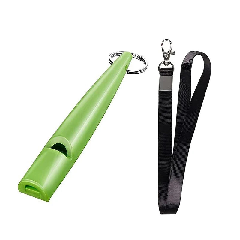 A bright green ultrasonic dog whistle with a metal clip and black lanyard.