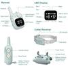 A compact waterproof dog training collar shown with its remote control and various buttons.
