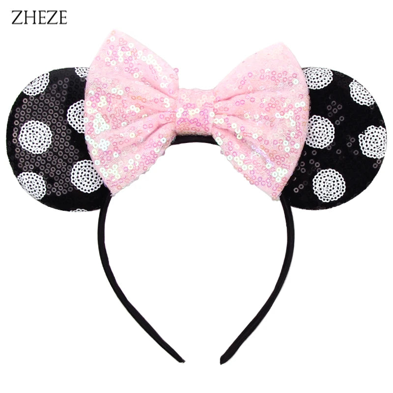 Pinker Pailletten-Mausohren-Haarreif mit schwarzen Polkadots