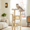 A light wood 4-tier cat tree tower with cozy condos and sisal scratching posts in a bright living room.