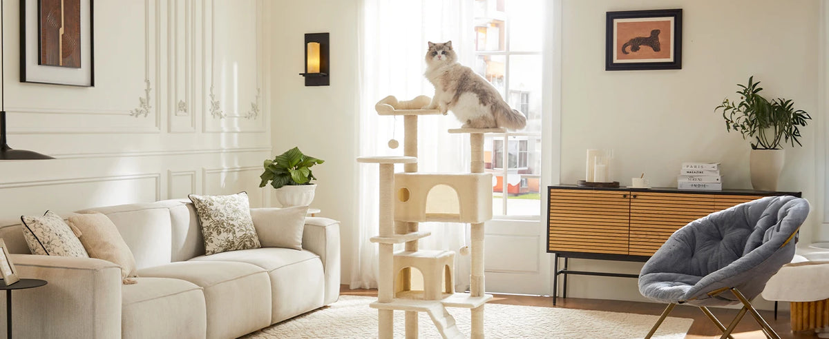 A light wood 4-tier cat tree tower with cozy condos and sisal scratching posts in a bright living room.