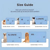 Size guide showing sizes S, M, XL-crate, and XXL for a cooling pet mat for dogs with corresponding weight limits.