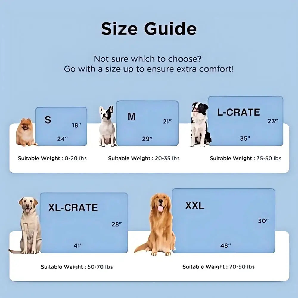 Size guide showing sizes S, M, XL-crate, and XXL for a cooling pet mat for dogs with corresponding weight limits.