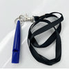 A blue ultrasonic dog whistle attached to a silver lanyard and black strap.