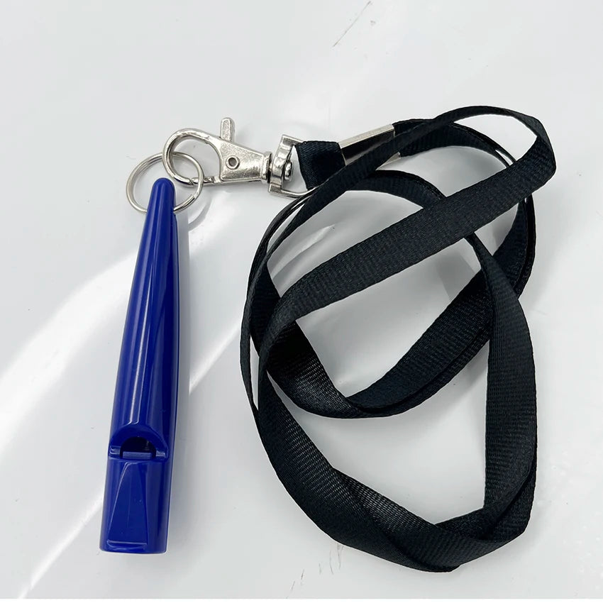 A blue ultrasonic dog whistle attached to a silver lanyard and black strap.