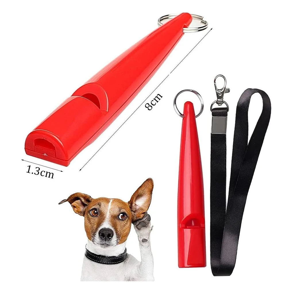 A red ultrasonic dog whistle with a lanyard is shown next to a small dog.