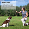 A woman is demonstrating an ultrasonic dog whistle to a dog in a grassy outdoor setting.