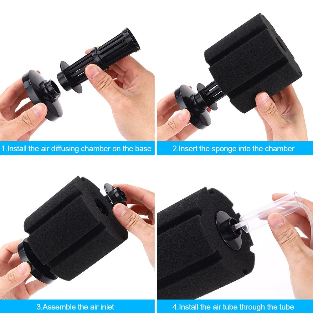 Step-by-step instructions showing how to install and assemble an air diffuser system for an aquarium.