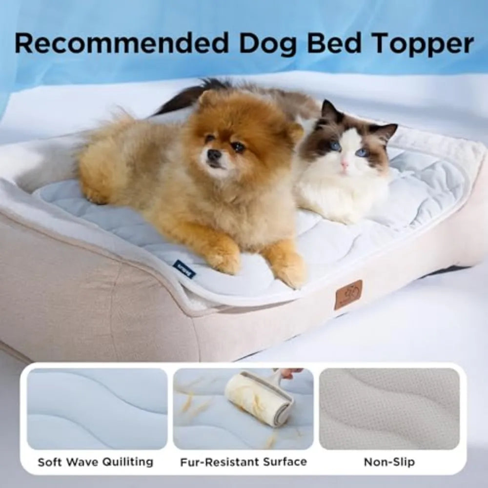 A fluffy apricot dog is resting on a beige pet bed topper with soft wave quilting and a non-slip surface.