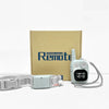 A compact waterproof dog training collar and remote control are displayed next to its cardboard packaging.
