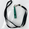 A green ultrasonic dog whistle attached to a silver clip and black lanyard.