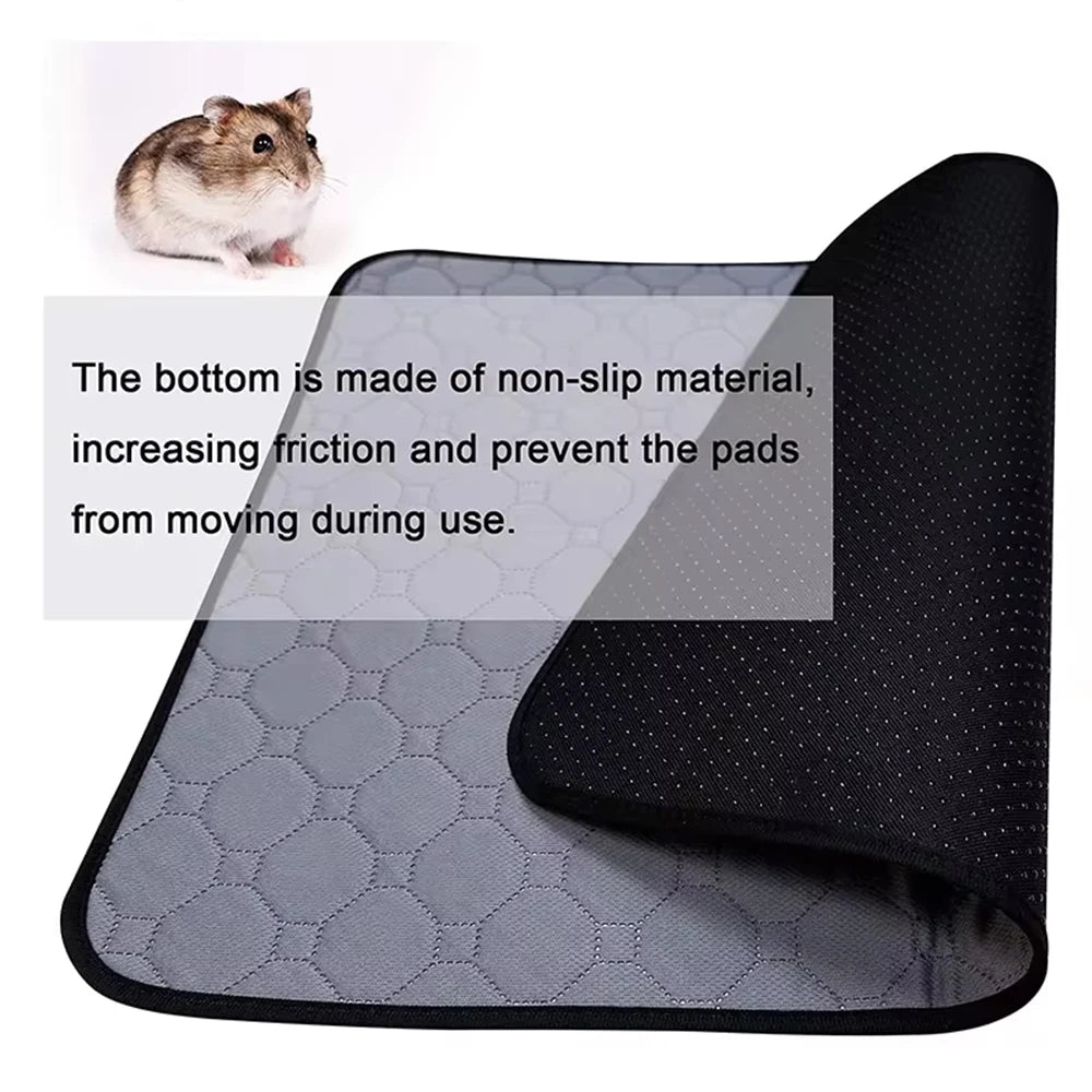 A black non-slip fleece cage liner with a gray honeycomb pattern, shown next to a small rodent.