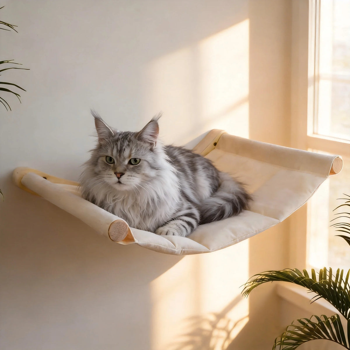 A fluffy gray cat is relaxing in a wall-mounted cat hammock and climbing shelf set against a light wall.