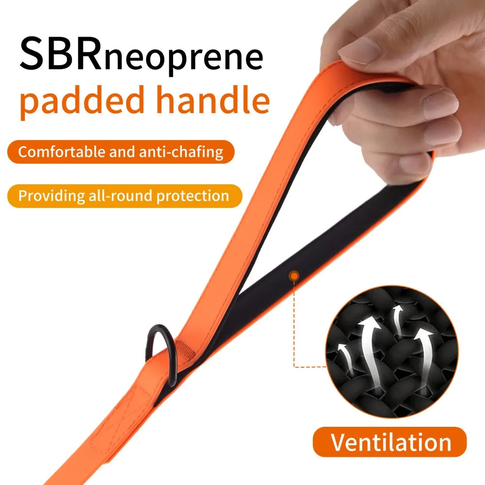 Orange SBR neoprene padded handle on a dog training leash showing ventilation details.