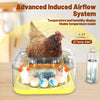 Incubateur à œufs jaune automatique affichant une poule brune, avec surveillance de la température et de l'humidité.