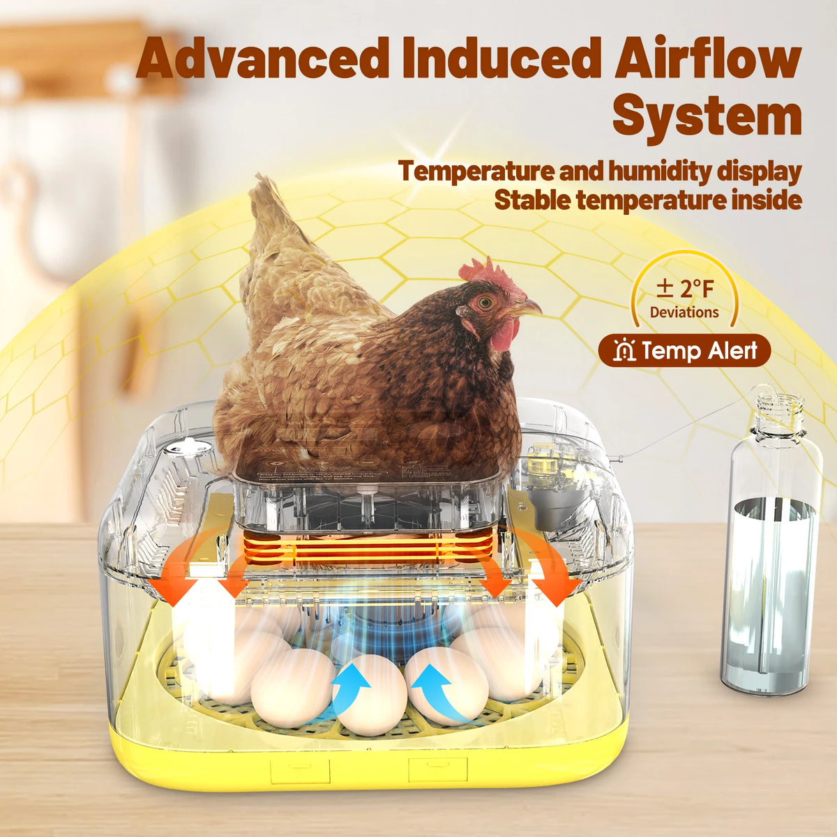 Incubateur à œufs jaune automatique affichant une poule brune, avec surveillance de la température et de l'humidité.