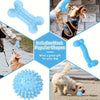 A set of durable blue chew toys shaped like a bone, hedgehog, and paw for dogs.