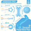 A set of six blue rubber puppy chew toys for small dogs and puppies, including various shapes and sizes.