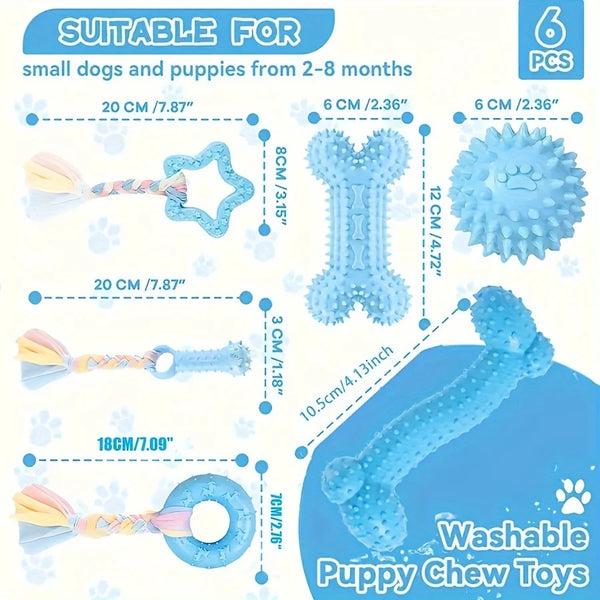 A set of six blue rubber puppy chew toys for small dogs and puppies, including various shapes and sizes.
