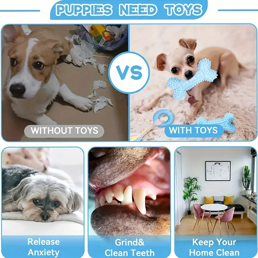 Comparison of puppies without toys versus with toys, showing relief from anxiety and improved teeth cleaning.