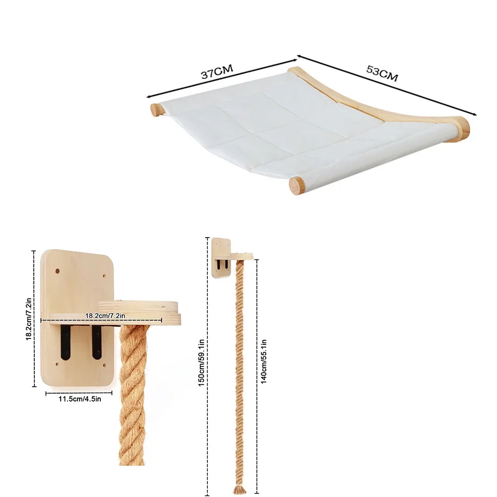 Wall mounted cat hammock and climbing shelf set with wooden components