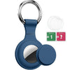 A blue silicone protective cover for an AirTag attached to a metal keychain ring.